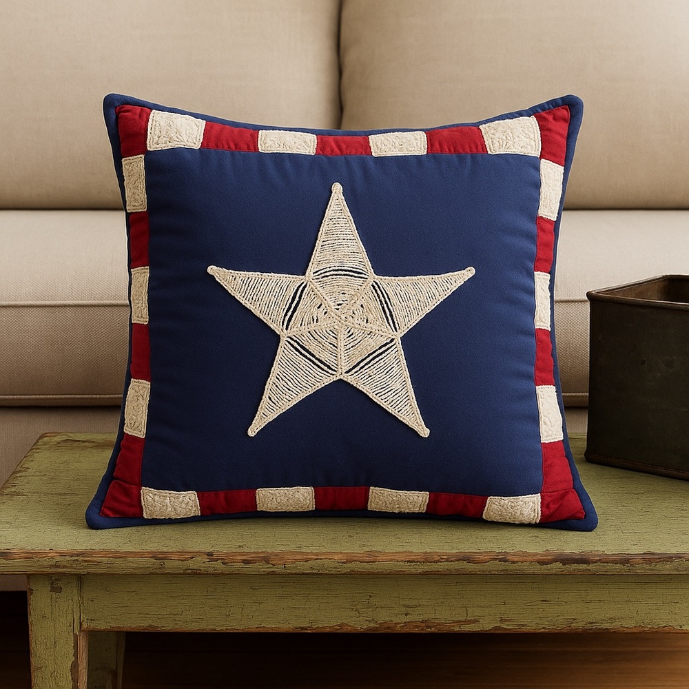 Handmade Patriotic Throw Pillow with Crochet Star & Striped Back
